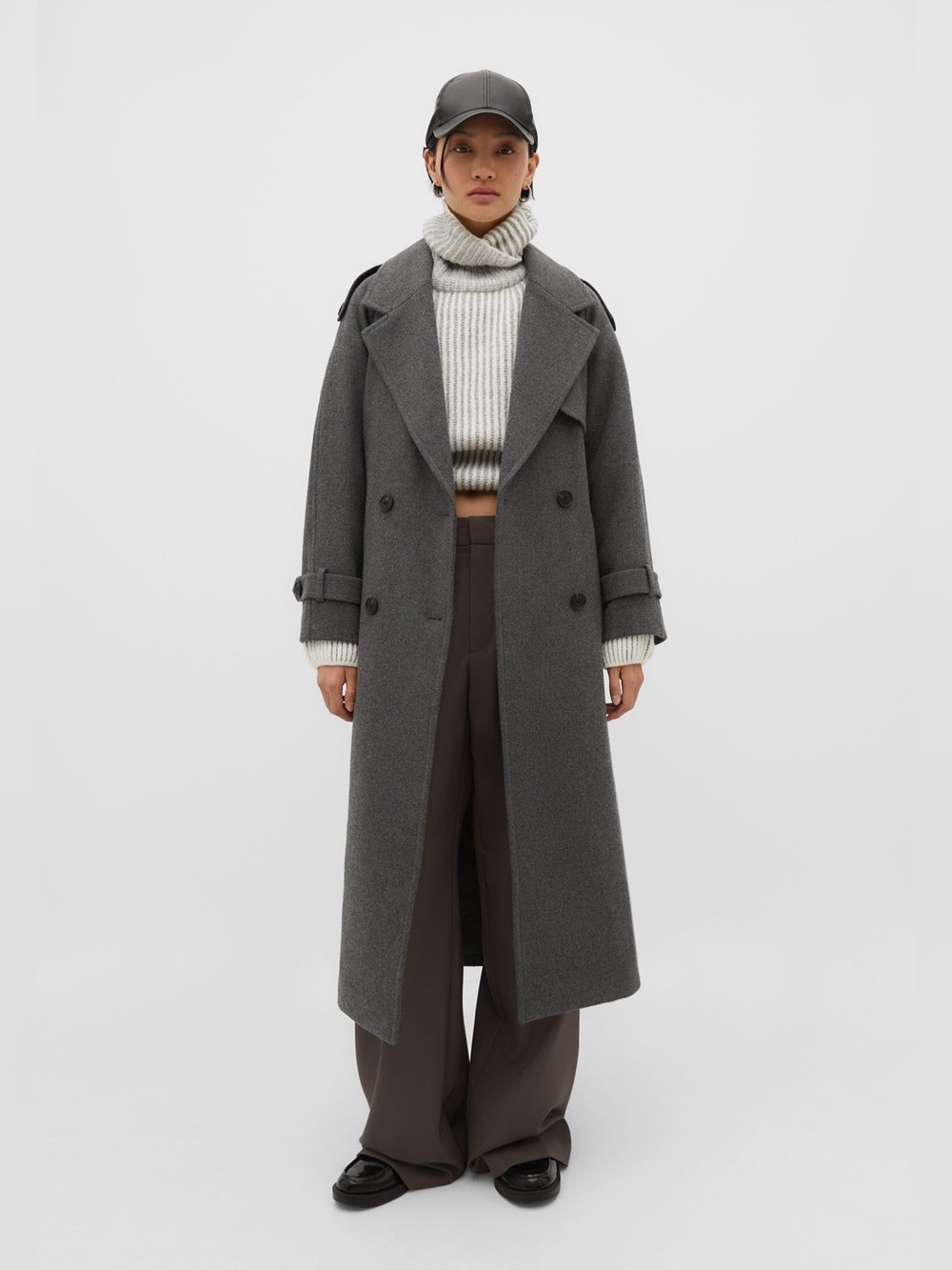 Zara Double-Breasted Long Trench Coat - Charcoal Gray